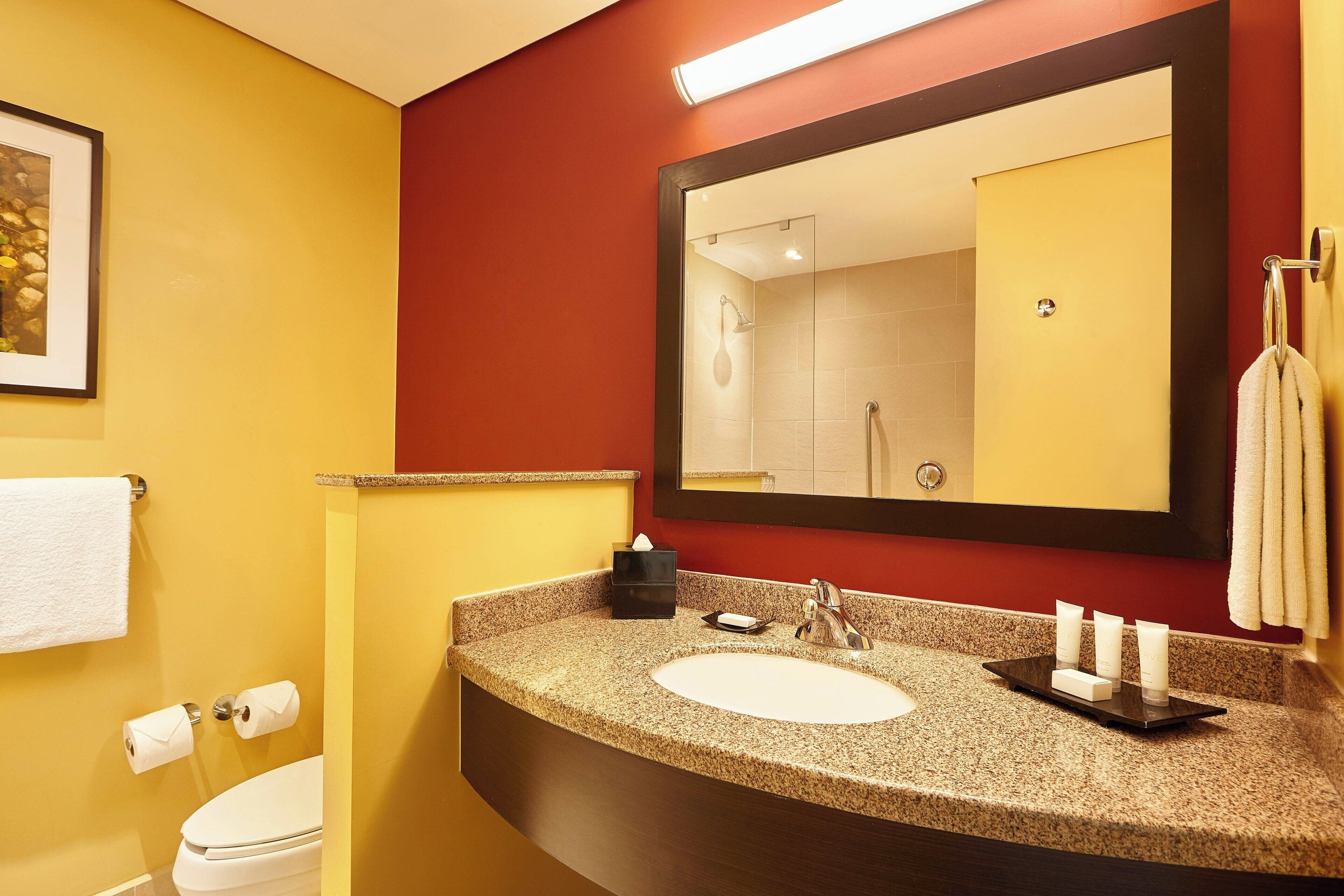 designer toiletries, hair dryer, towels