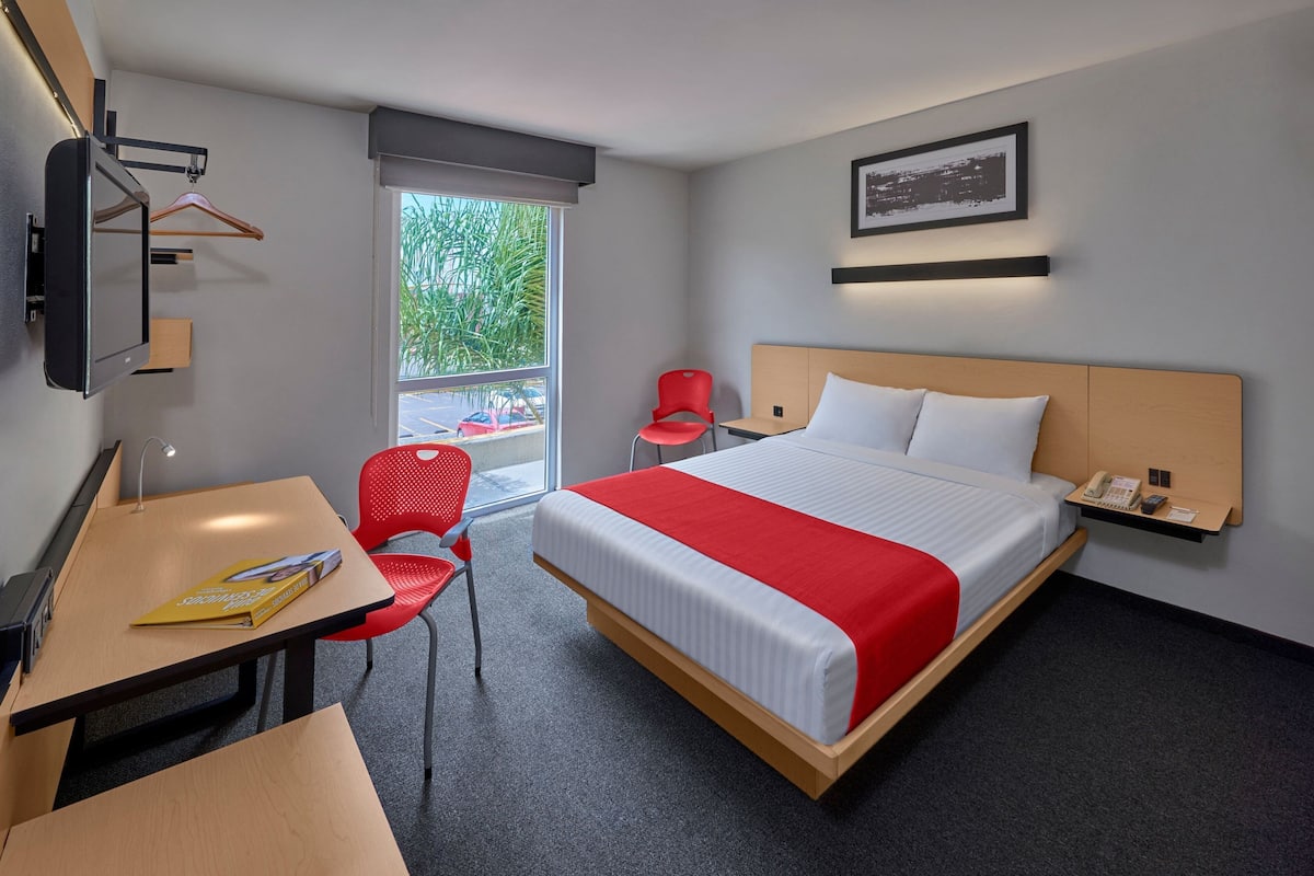 A hotel room with a bed, a desk, a chair, a TV, and a window with a view of greenery.