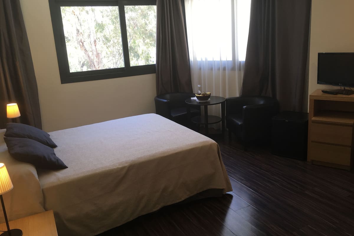Une chambre d’hôtel avec un lit, un bureau, deux chaises, une télévision et une fenêtre avec des rideaux.