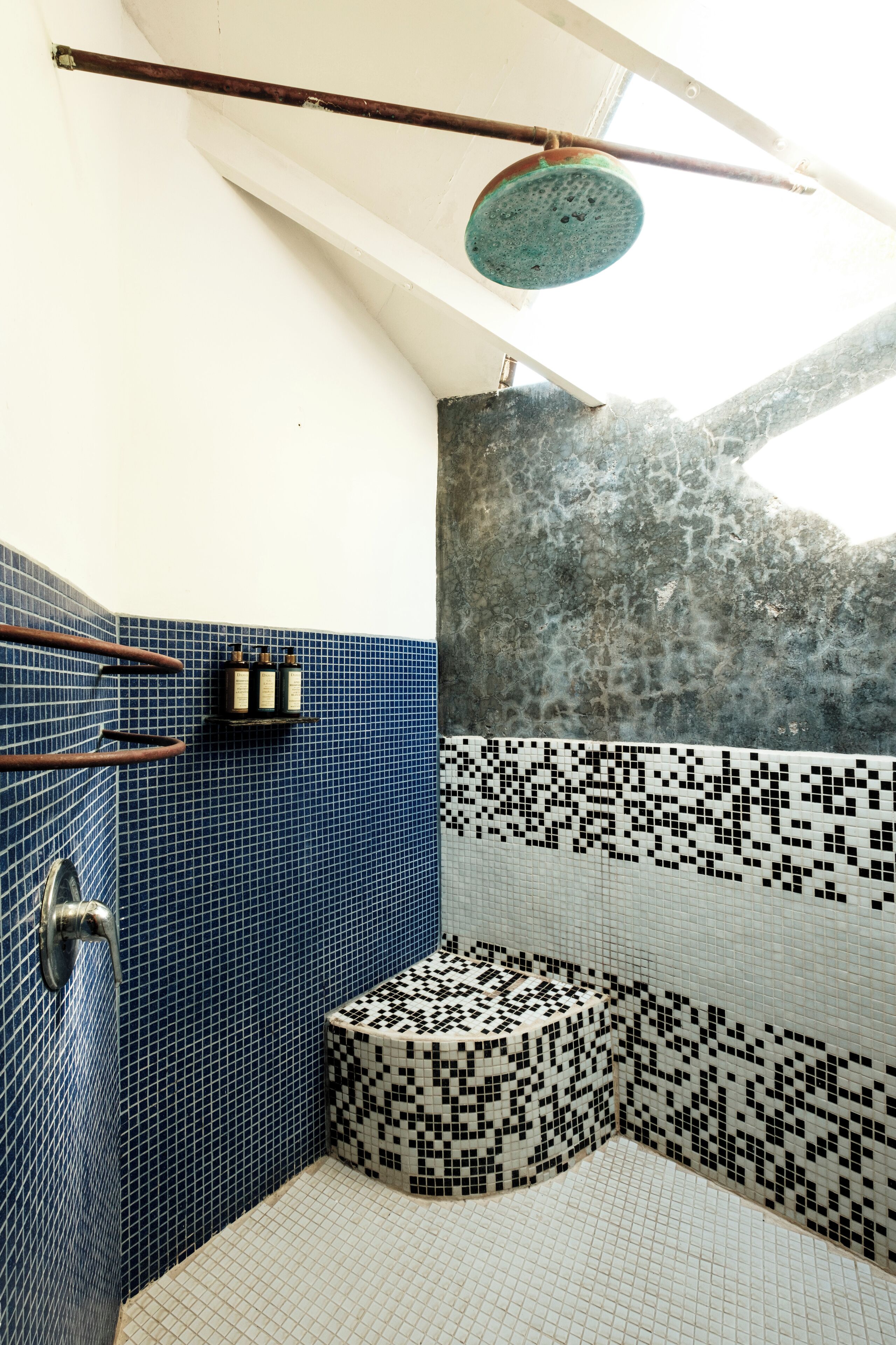 Un baño con mosaicos azules y negros, una zona de ducha y vistas a árboles por la ventana.