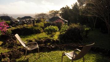 A garden with two chairs and a view of the ocean.