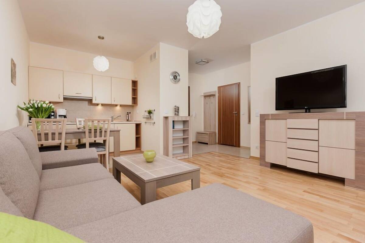 A modern living room with a sofa, a coffee table, and a television.