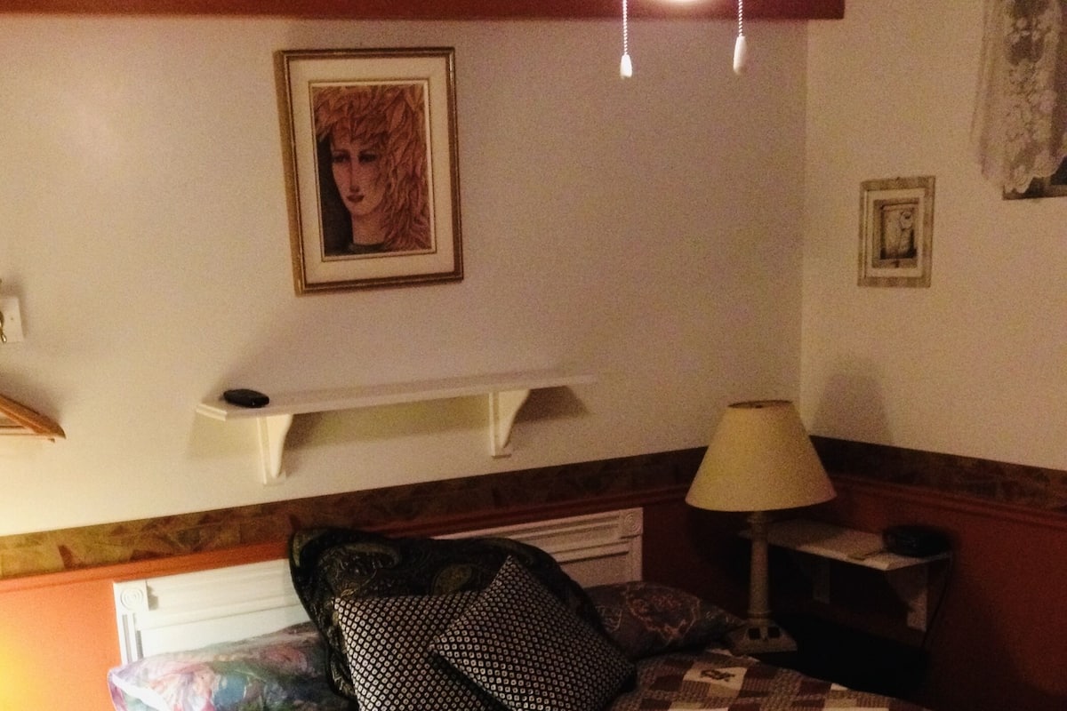 A neatly made bed with a checkered quilt, a bedside lamp, and a framed picture on the wall.