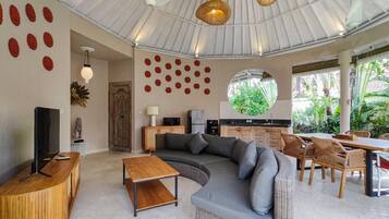 Luxury Villa, 2 Bedrooms, Accessible, Pool View | Living area | 32-inch LED TV with cable channels, TV, DVD player