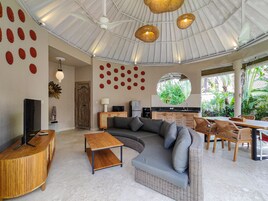 Luxury Villa, 2 Bedrooms, Accessible, Pool View | Living area | 32-inch LED TV with cable channels, TV, DVD player