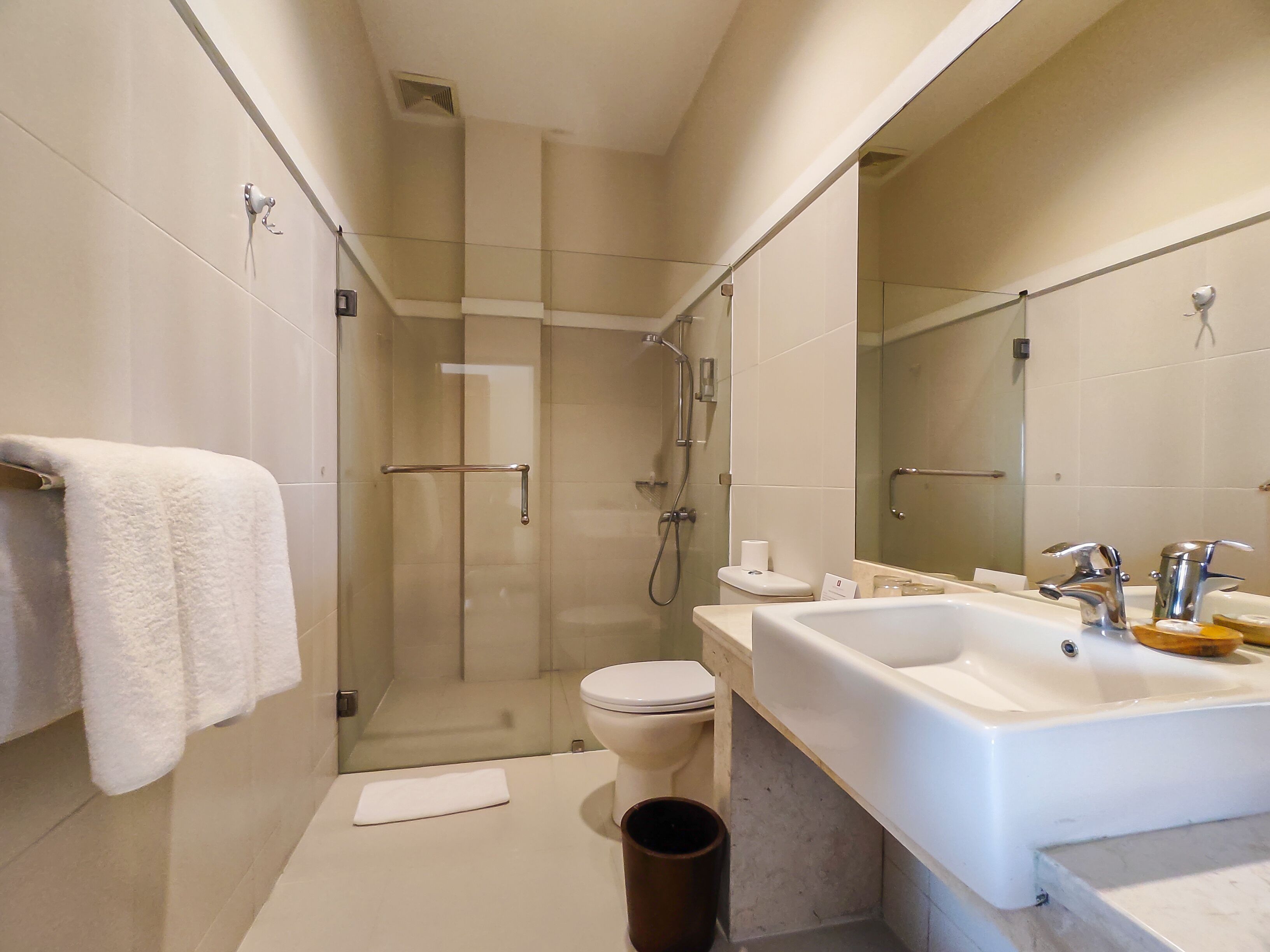 A modern bathroom with a glass-enclosed shower, a white sink, and a toilet.