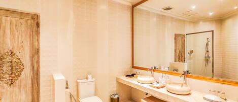 A modern bathroom with a wooden door, a toilet, a sink with a mirror, and a shower area.