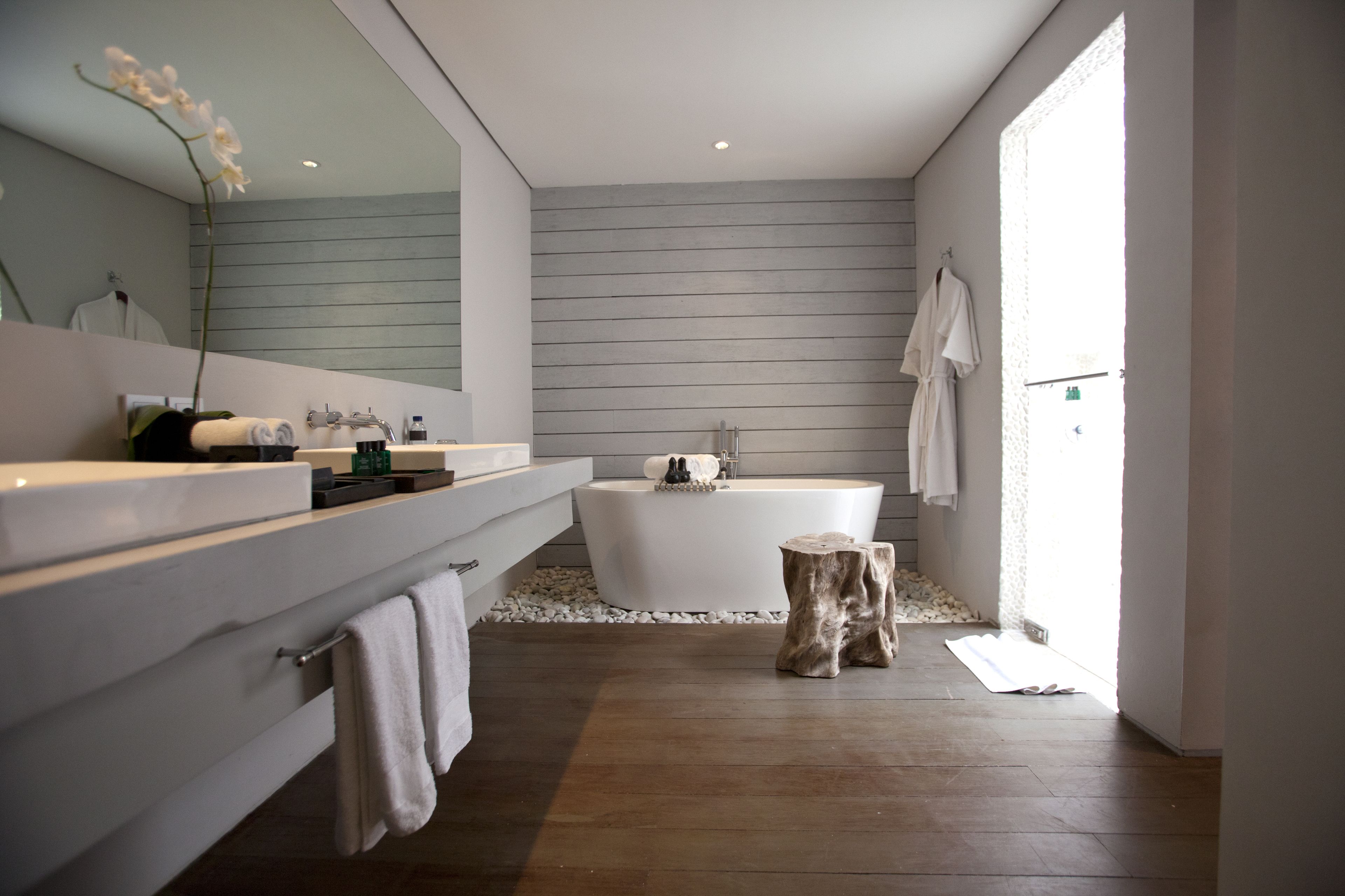 separate bathtub and shower, designer toiletries, hair dryer, bathrobes