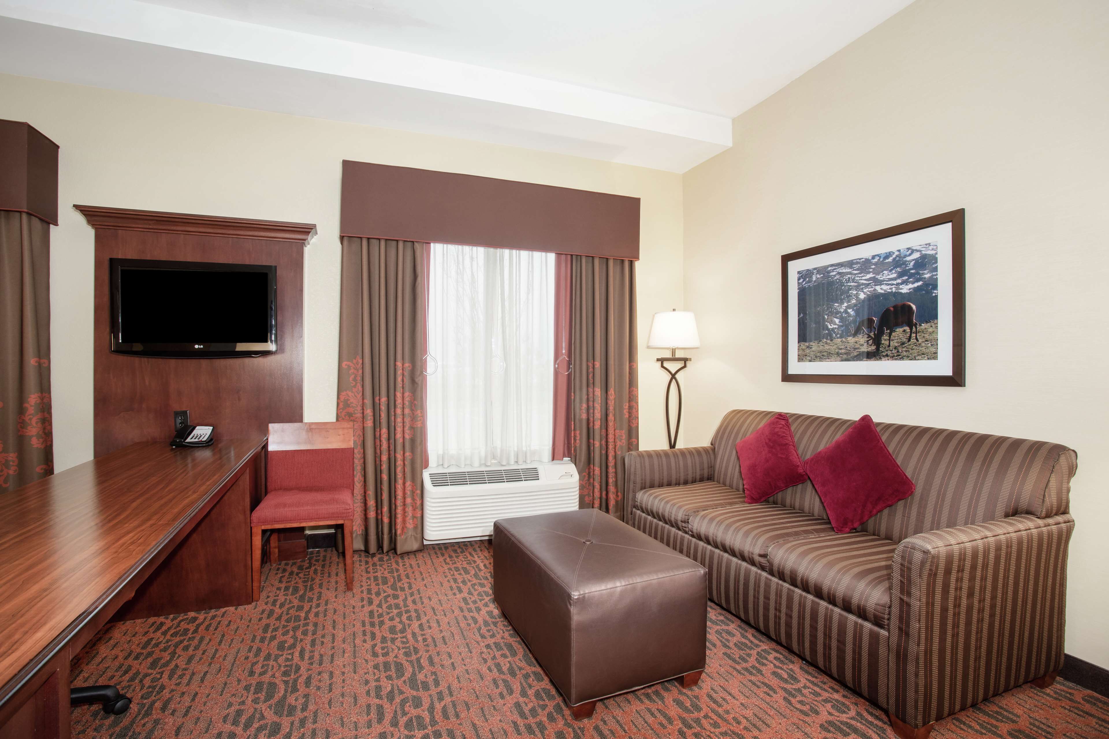 Habitación de hotel con televisión de pantalla plana, escritorio, silla, sofá, reposapiés, lámpara y un cuadro en la pared.