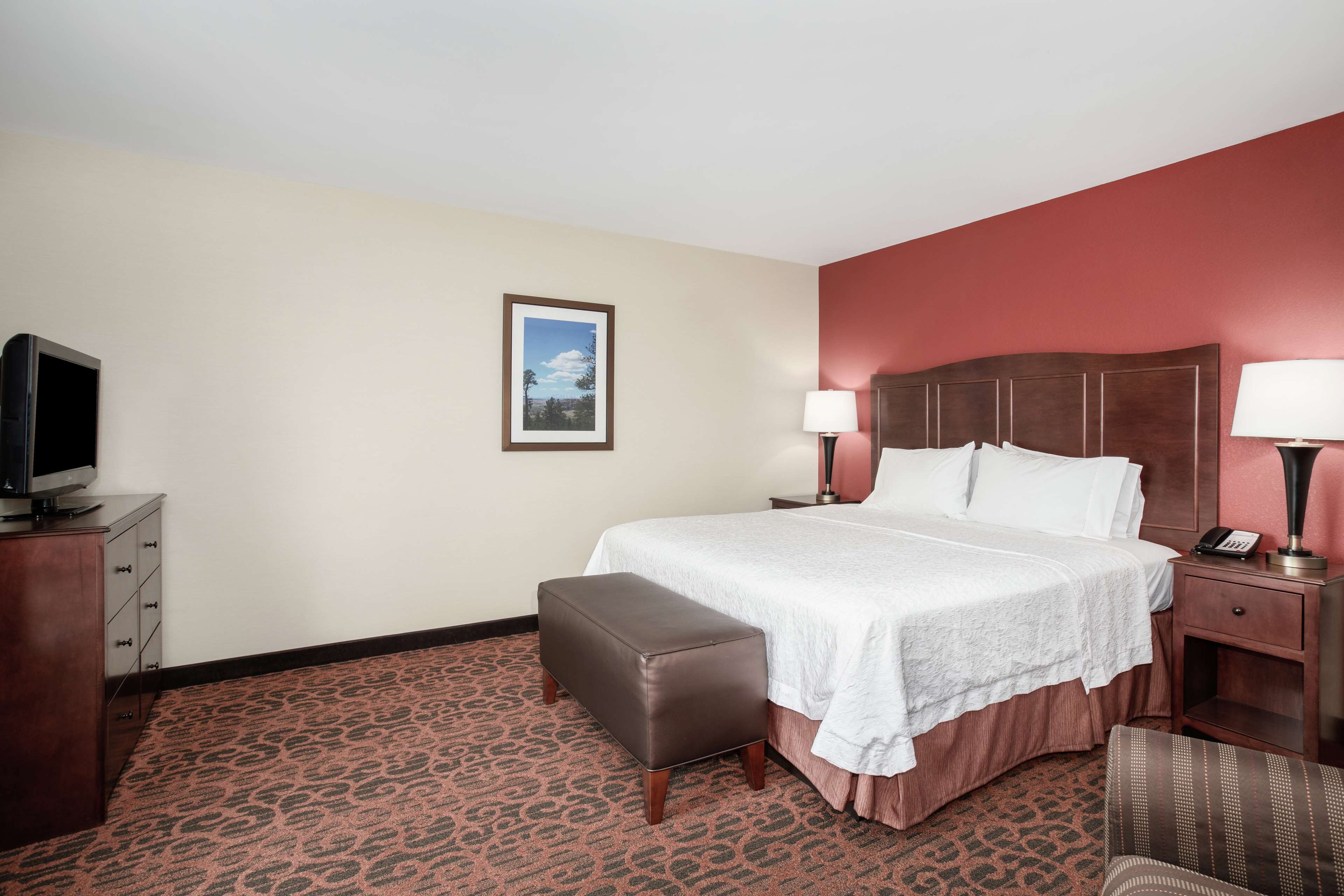 A hotel room with a bed, a television on a dresser, a nightstand with a lamp, and a patterned carpet.