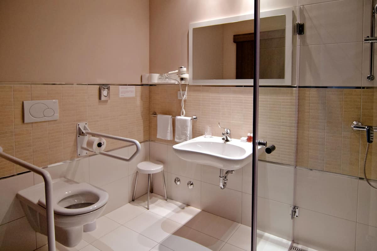 Standard Room, Wheelchair Accessible | Badezimmer | Dusche, Designer-Toilettenartikel, Haartrockner, Hausschuhe