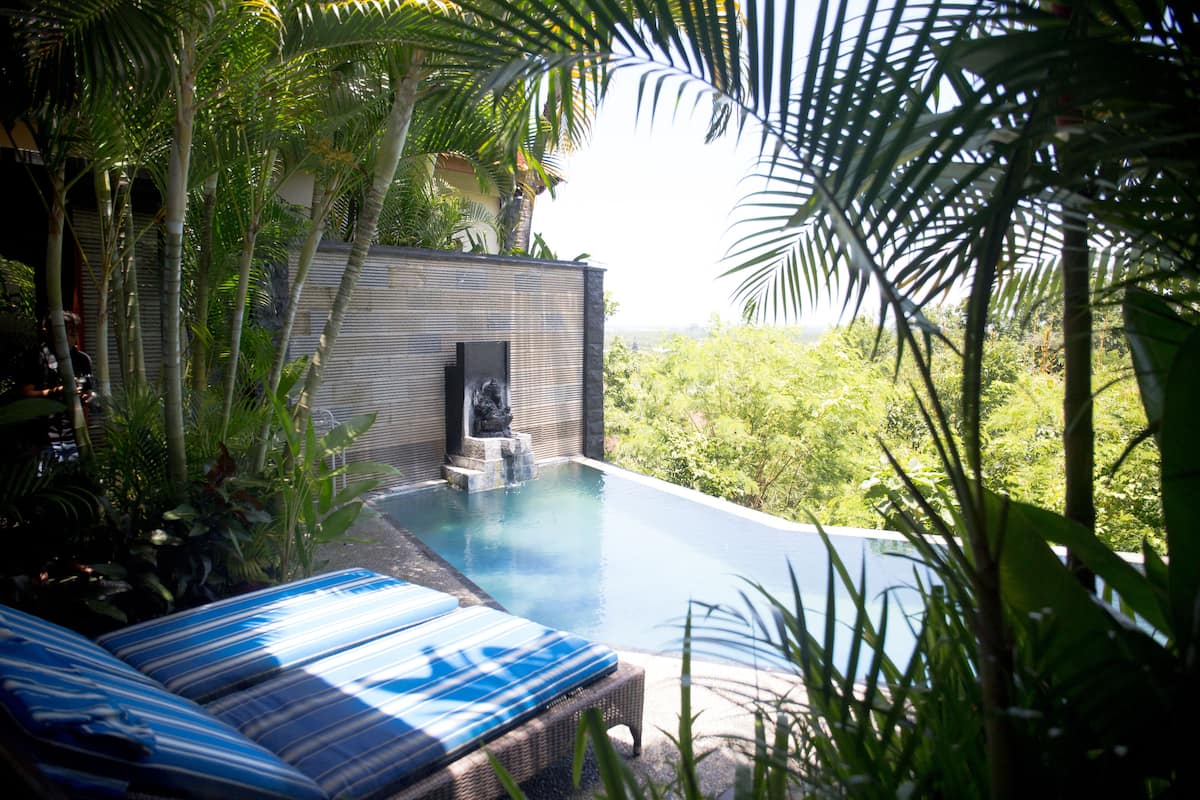 An infinity pool with lounge chairs, surrounded by lush greenery and a stone wall.