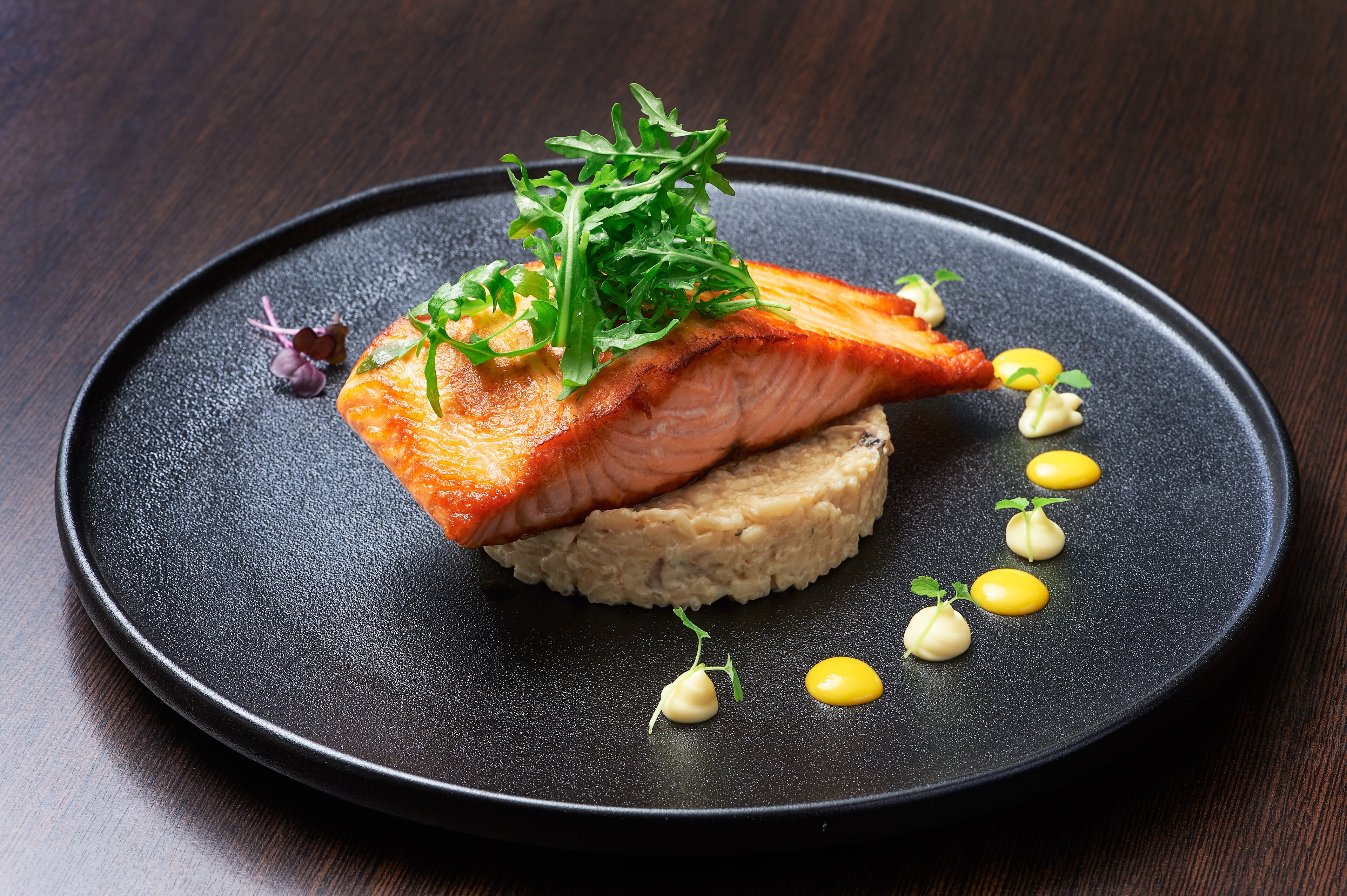 A plate with a piece of salmon, a mound of mashed potatoes, and some garnishes.