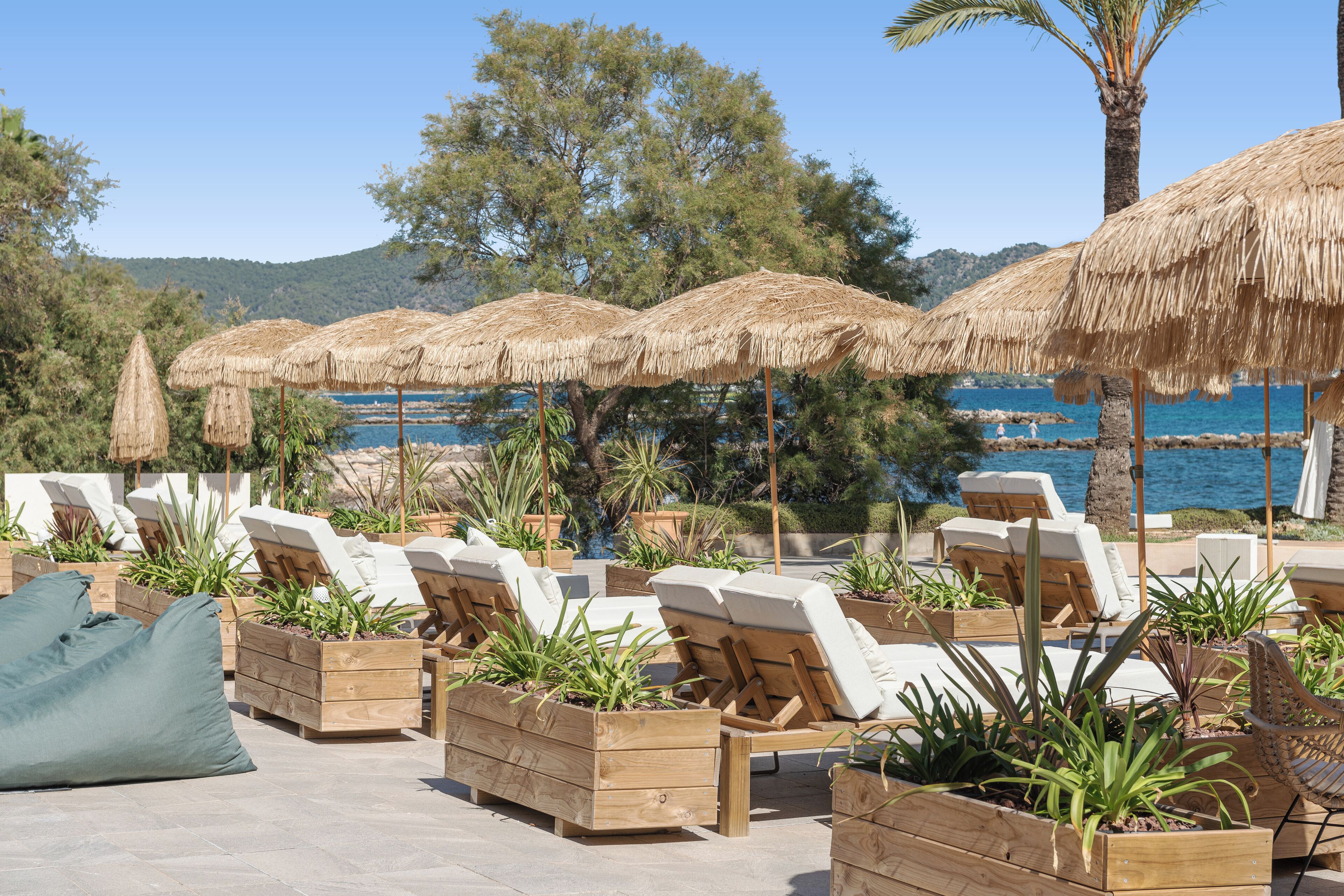 Un área de descanso junto a la playa con tumbonas de madera, sombrillas de paja y plantas en macetas.