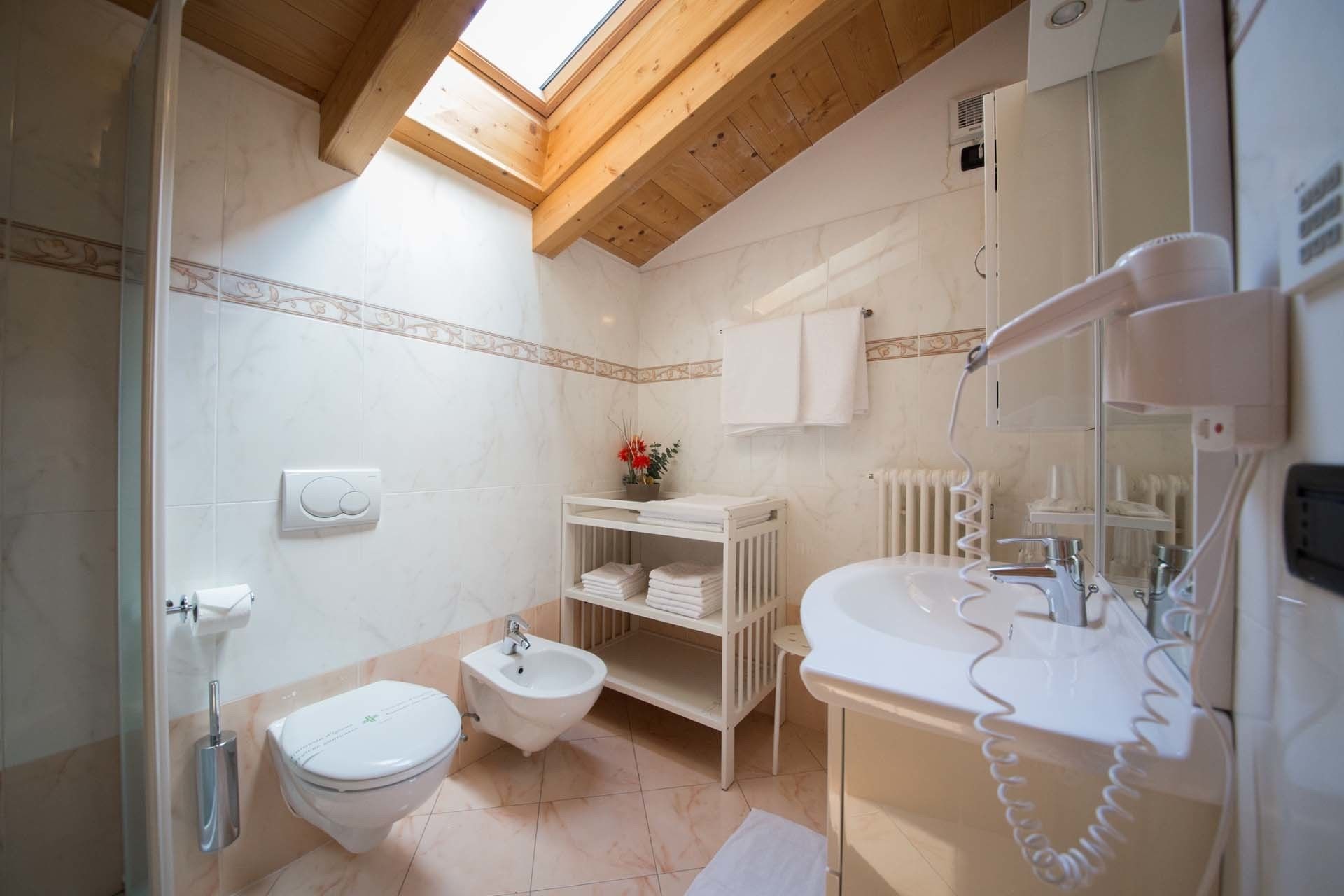 A bathroom with a skylight, a bidet, a toilet, a sink, and a hairdryer.