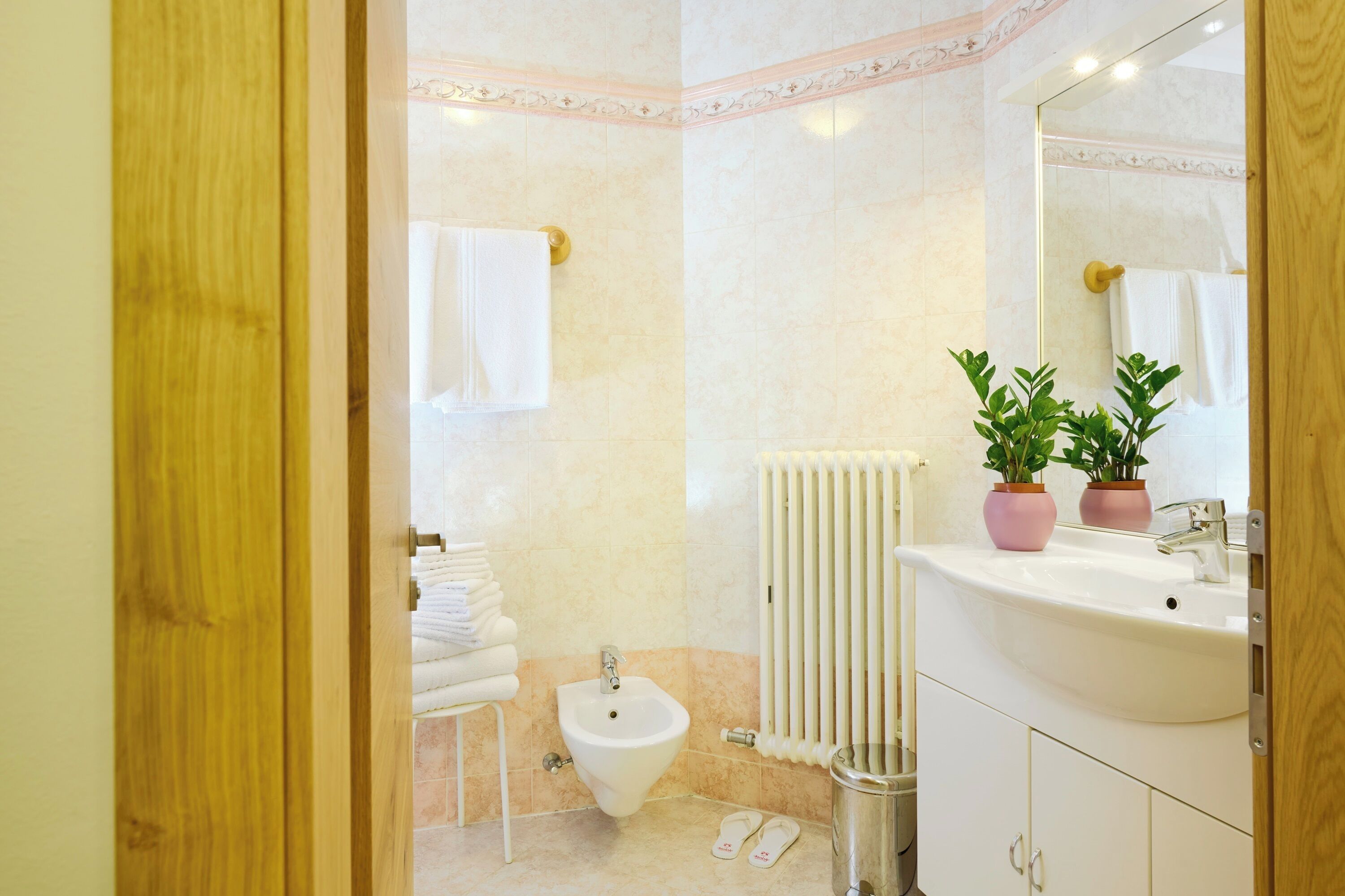 Un baño con un bidé, un lavabo, dos plantas en macetas y un perchero para toallas.