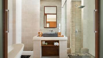Separate bathtub and shower, deep-soaking bathtub, rainfall showerhead