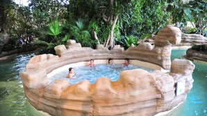 Un jacuzzi rodeado de formaciones rocosas y exuberante vegetación.