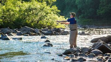 Una persona pescando junto a un río con rocas y árboles al fondo.