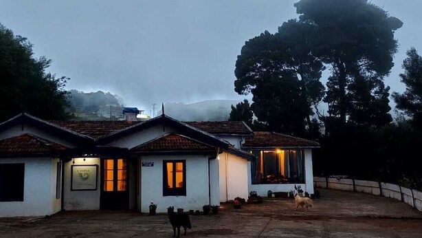 A row of three white buildings with tiled roofs, each with a lit window, surrounded by trees and a foggy background. - I - India (Coonoor)