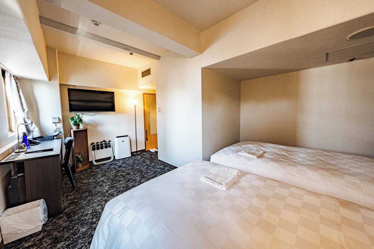 Hotellihuone, jossa on sänky, työpöytä, tuoli, televisio ja pieni kasvi.