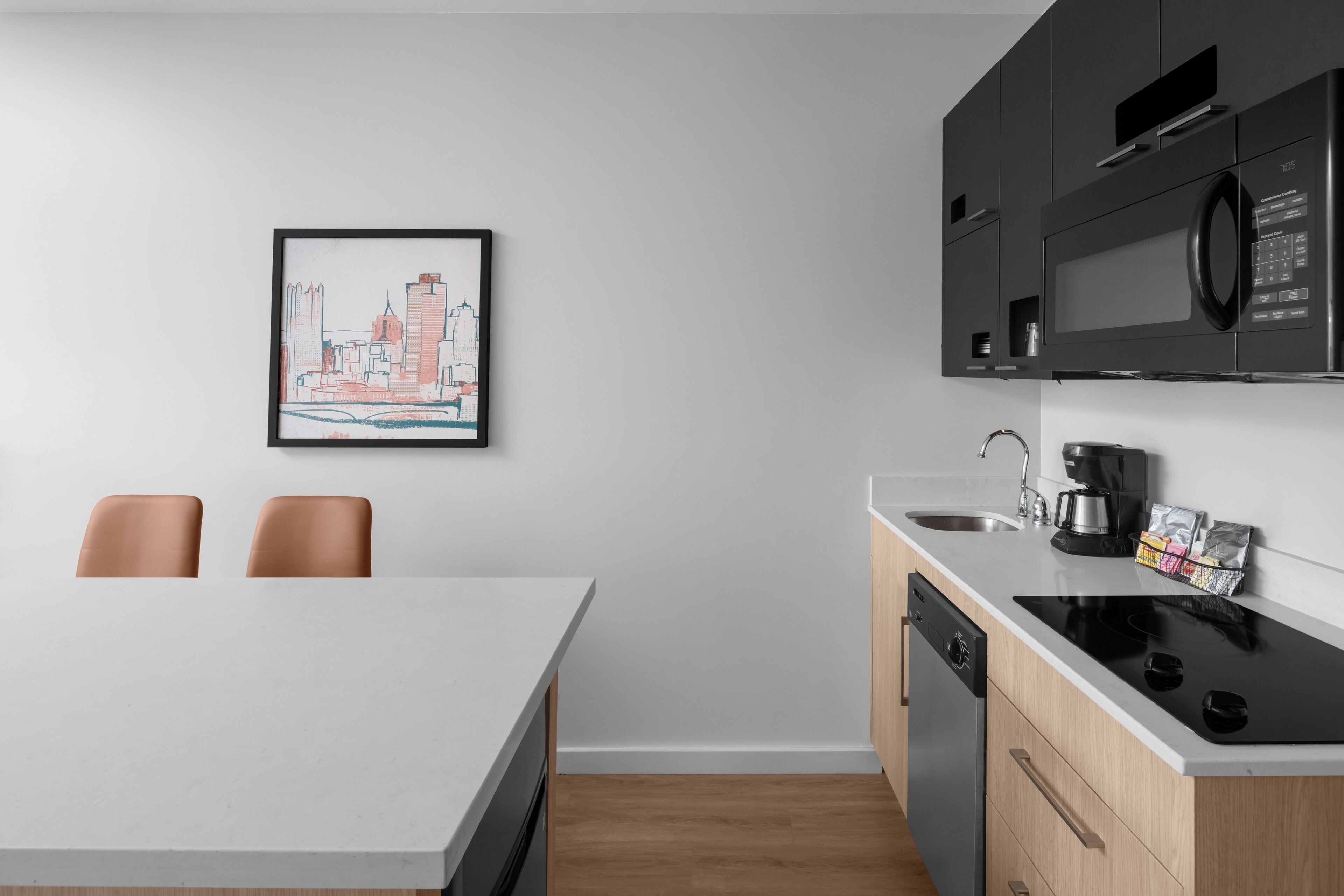 premium bedding, desk, blackout curtains, iron/ironing board