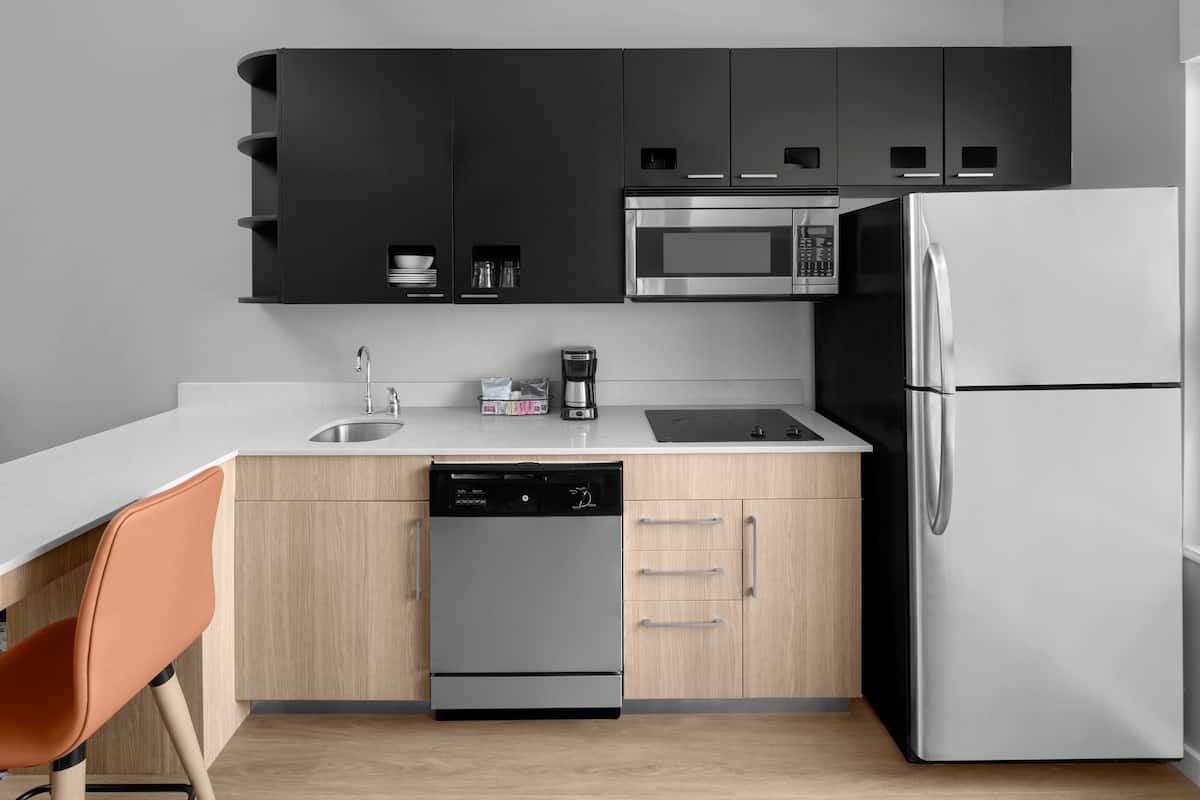 premium bedding, desk, blackout curtains, iron/ironing board