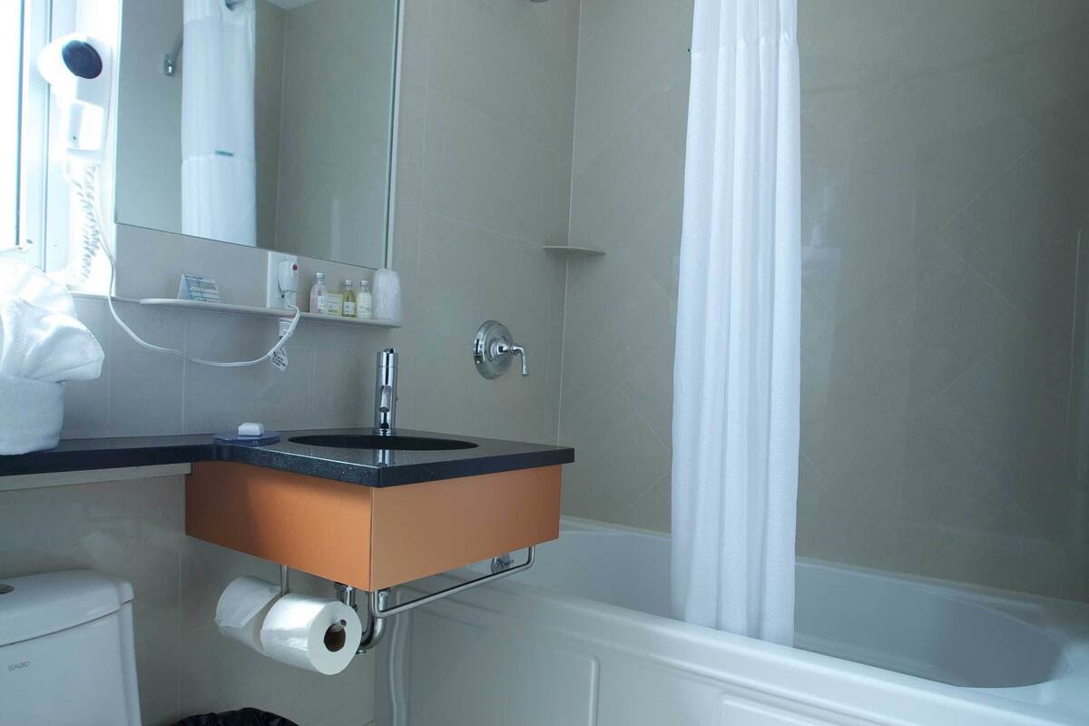 standard room, 1 king bed, city view | bathroom | combined shower/bathtub, deep-soaking bathtub, rainfall showerhead