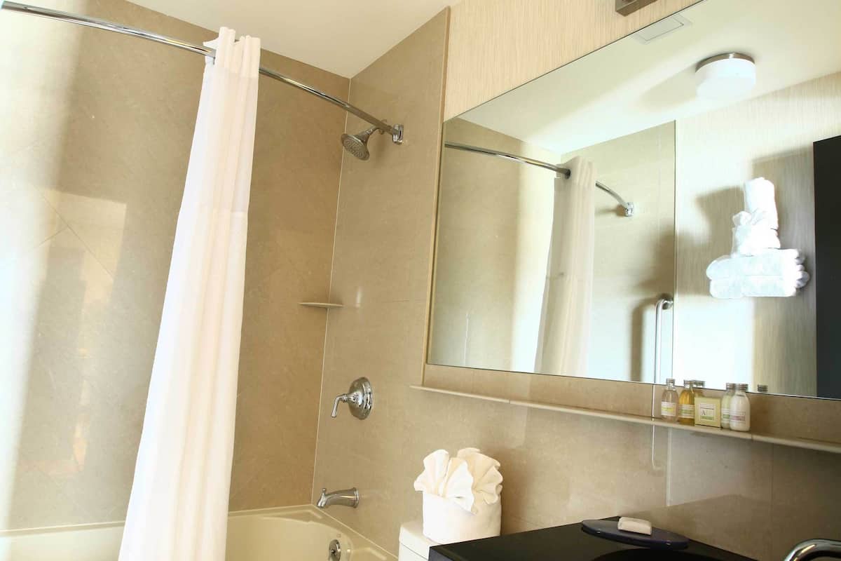 combined shower/bathtub, deep-soaking bathtub, rainfall showerhead