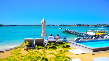 Outdoor pool, open 8 AM to 7 PM, pool umbrellas, pool loungers