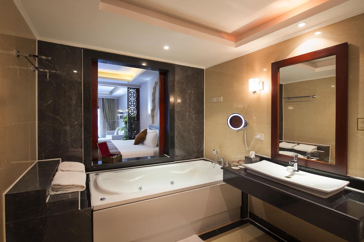 combined shower/bathtub, free toiletries, hair dryer, bathrobes