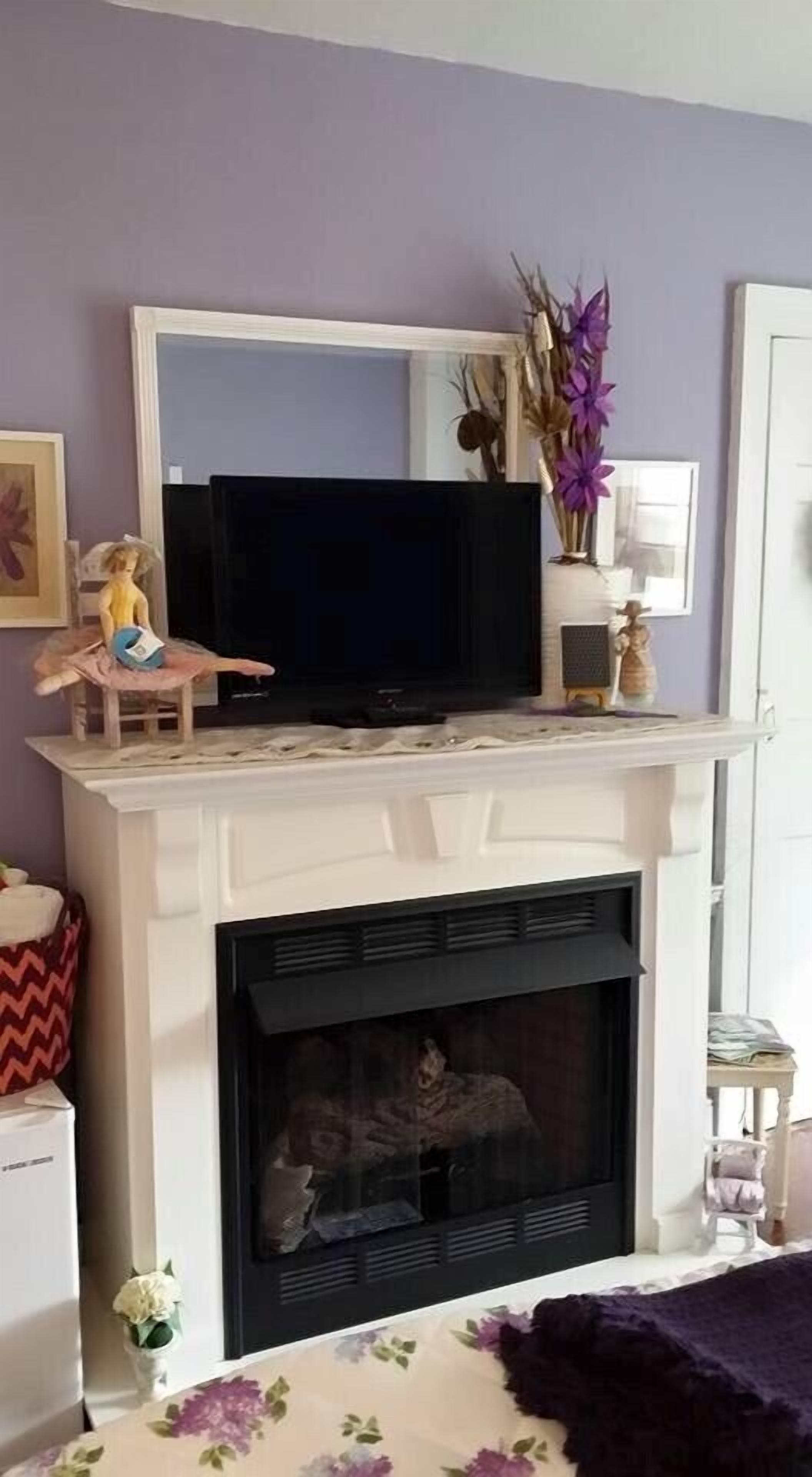 Un salon avec une cheminée, un téléviseur posé sur la manteau de la cheminée et une petite table sur laquelle est placé un vase de fleurs.