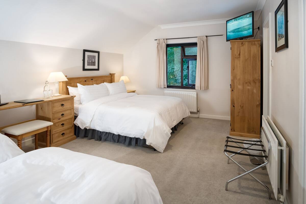 A bedroom with a bed, a desk, a chair, a TV, and a radiator.