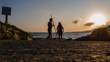 A beach with two people and a dog, a surfboard, and a sign in the background.