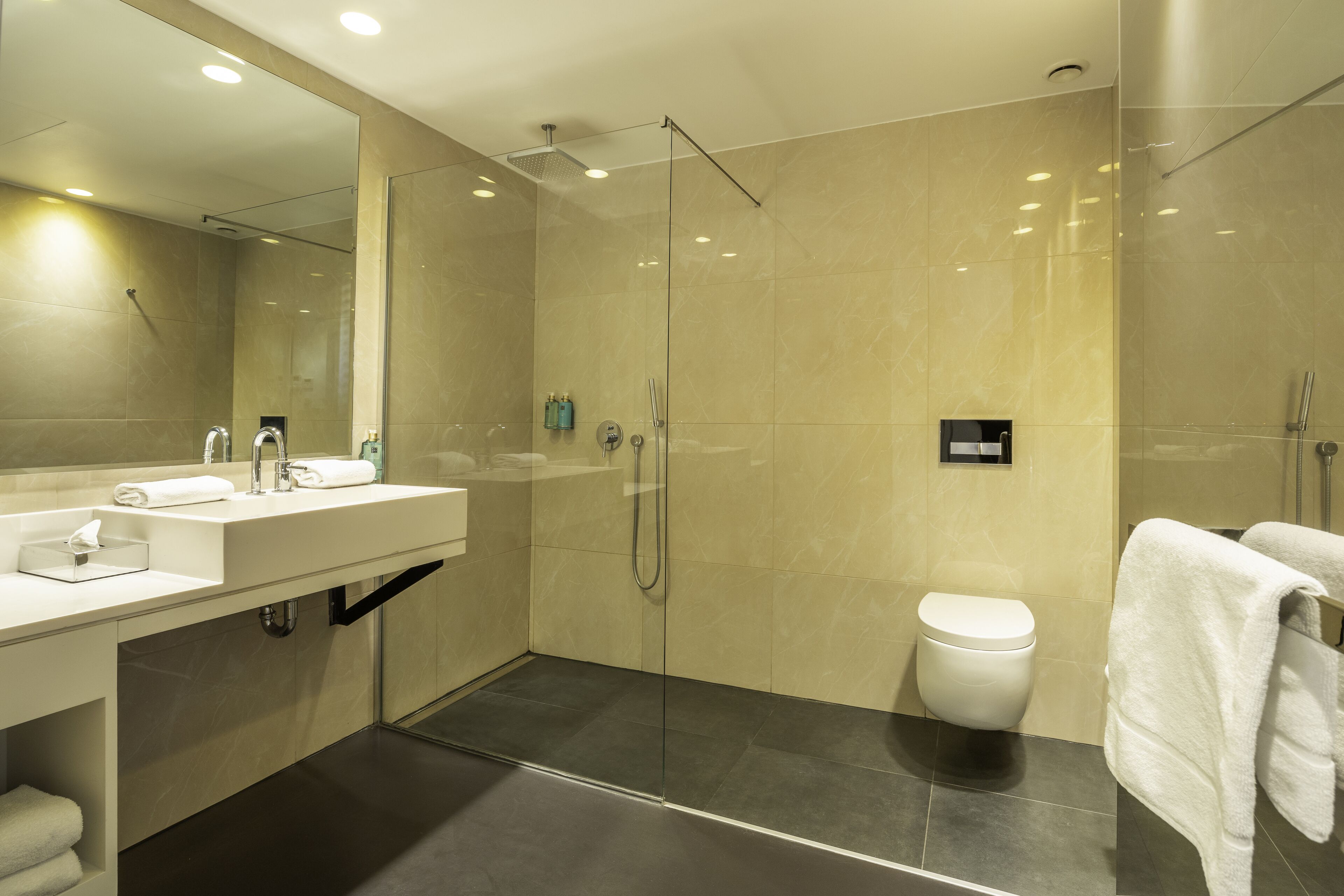 rainfall showerhead, designer toiletries, hair dryer, towels