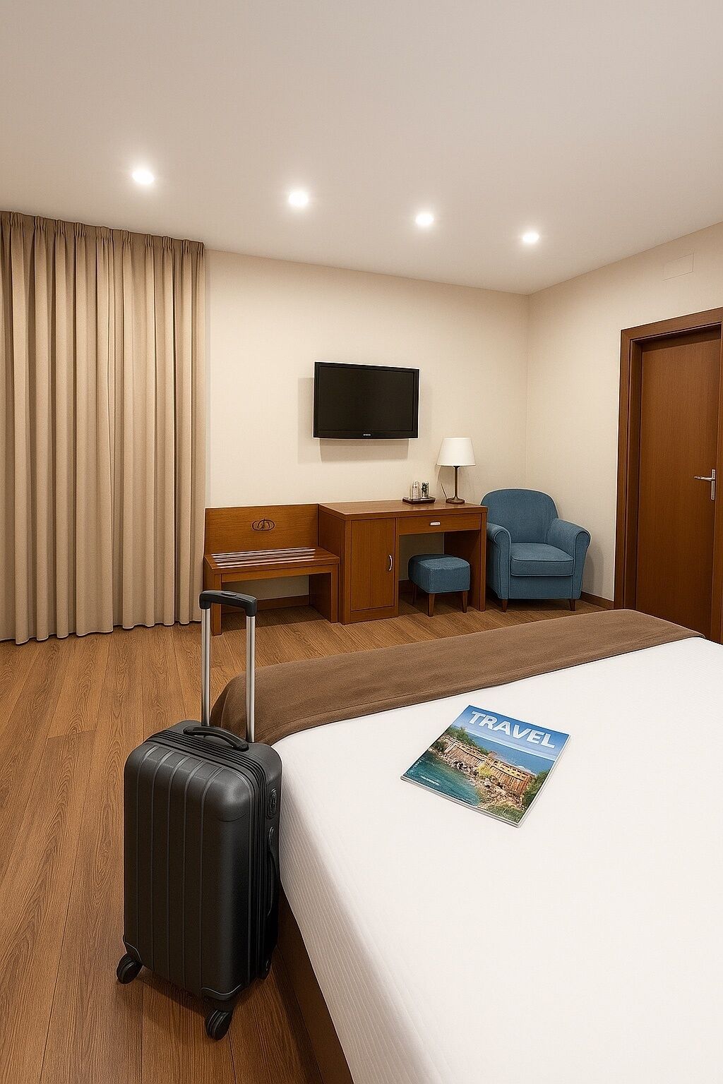 A hotel room with a bed, a desk, a chair, a TV, a lamp, and a suitcase.