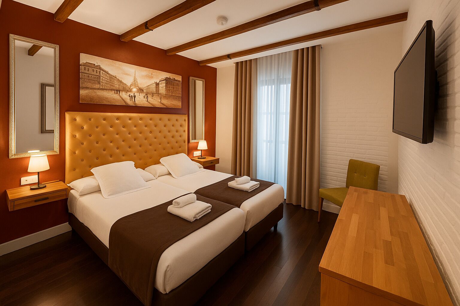 Ein Hotelzimmer mit einem großen Bett, zwei Nachttischen mit Lampen, einem Flachbildfernseher, einem Holztisch und einem Stuhl.