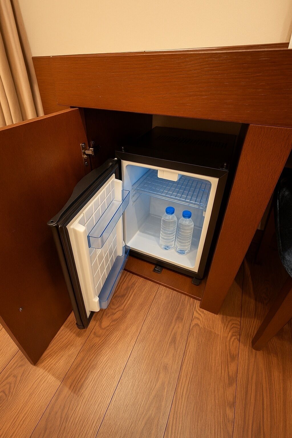 Een compacte koelkast met een houten afwerking, geplaatst in een hoek van een kamer met houten vloeren.