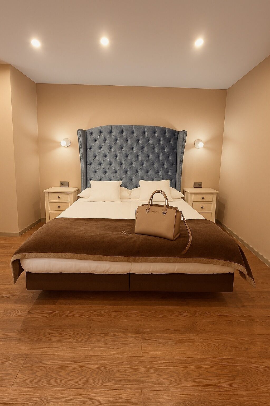 Un dormitorio moderno con una cama grande, dos mesitas de noche y un cabecero.
