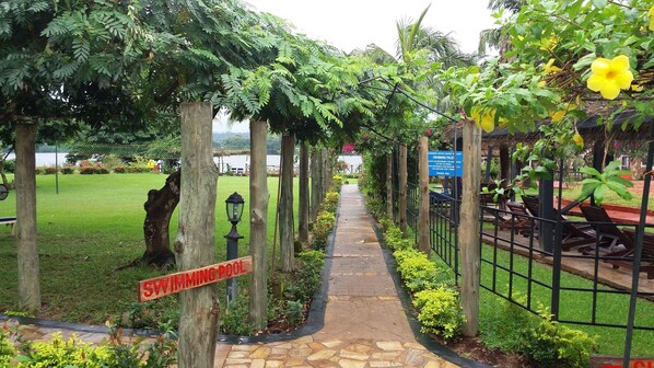 A pathway leading to a swimming pool, surrounded by lush greenery and a fence.