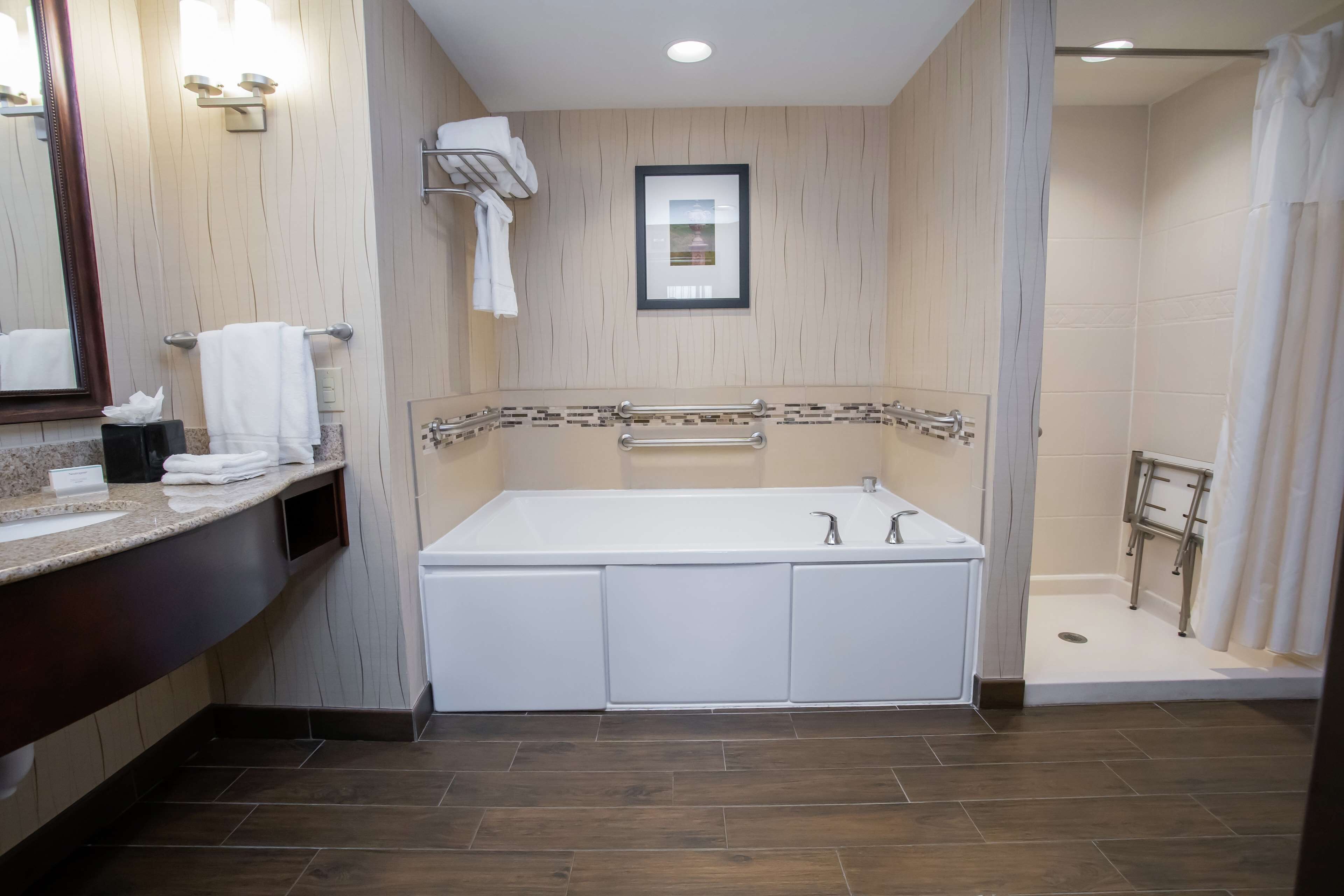 combined shower/bathtub, free toiletries, hair dryer, towels