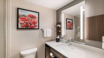 A modern bathroom with a toilet, sink, and a large mirror.
