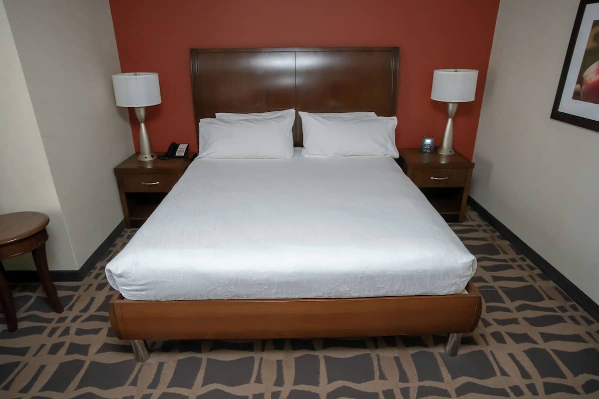Een hotelkamer met een groot bed, twee nachtkastjes met lampen, een telefoon en een kamerbreed tapijt met dessin.