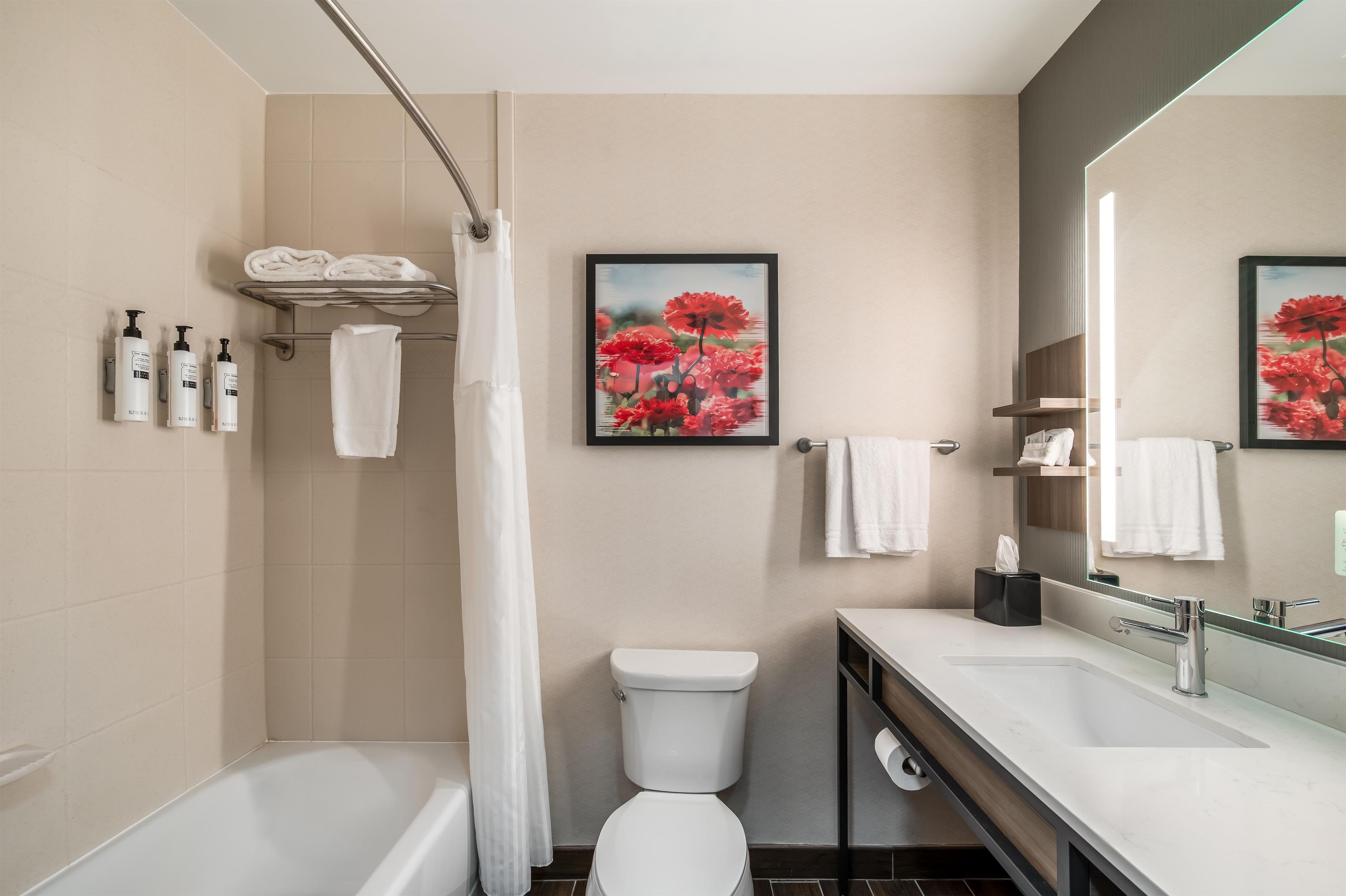 A modern bathroom with a bathtub, toilet, and vanity. There are towels and toiletries on the wall.