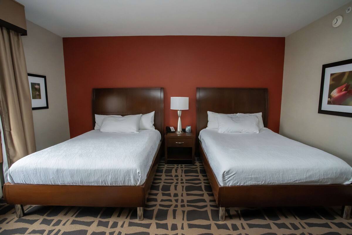 Een hotelkamer met twee enkele bedden, een nachtkastje met een lamp en een kamerbreed tapijt met een patroon.