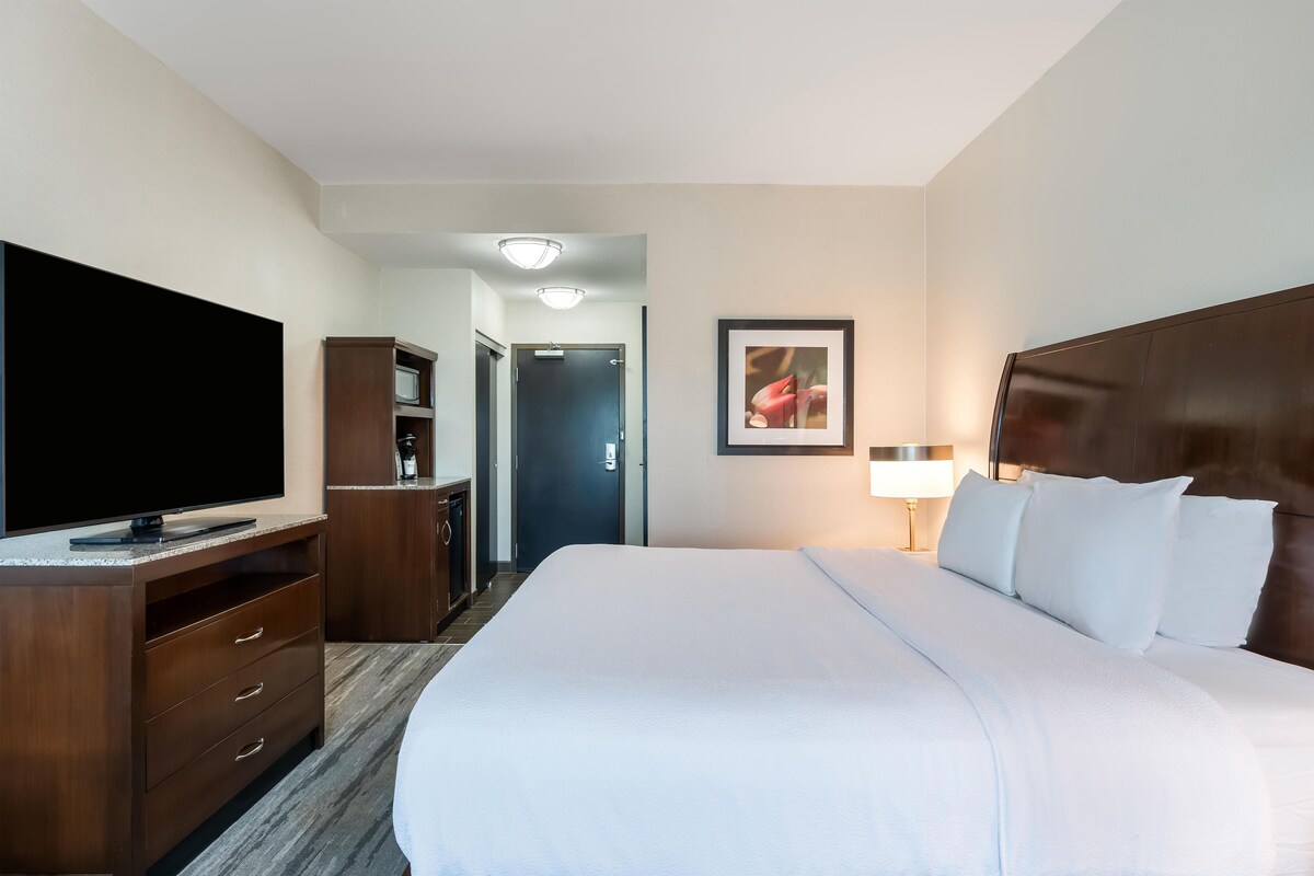 Quarto de hotel com uma cama grande, televisão de tela plana, escrivaninha com computador e quadro pendurado na parede.