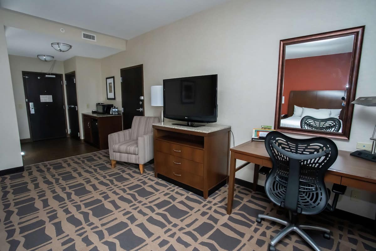 Een hotelkamer met een bed, een bureau met een computer, een televisie, een stoel en een kamerbreed tapijt met dessin.