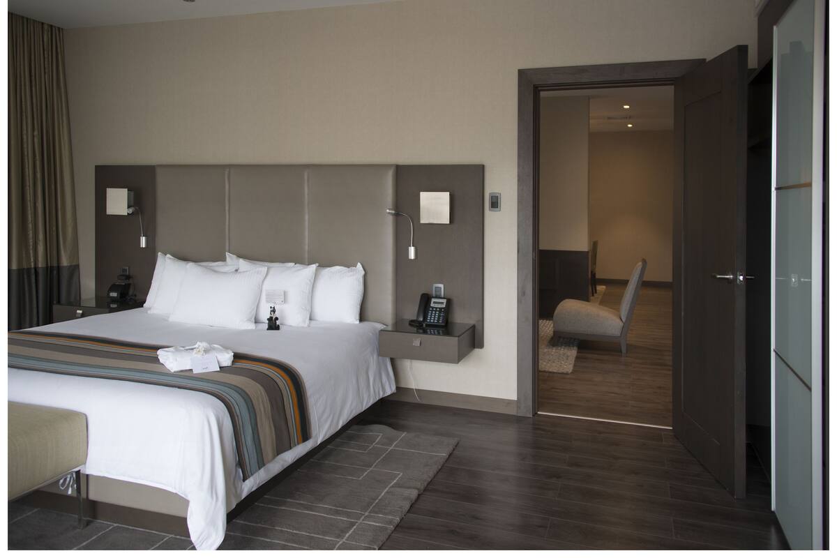 A modern hotel room with a large bed, a bedside table with a phone, and a small seating area with a chair and a sofa.