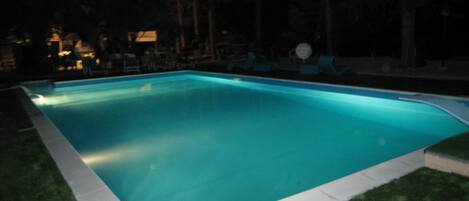 A rectangular swimming pool with a tiled edge, surrounded by a grassy area and trees.