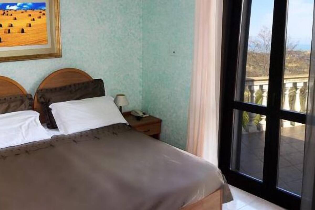 A bedroom with a bed, two bedside tables, a TV, and a window with a view.